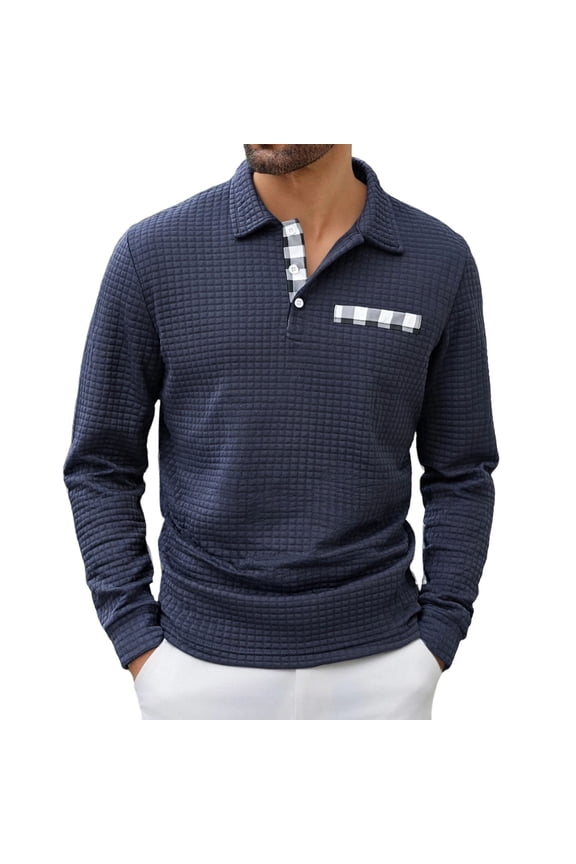 Mens Waffle Knit Shirts,Long Sleeve,Textured,Button Callared,Casual Tops,Soft Checked Pocket Design,Navy,Size 2XL