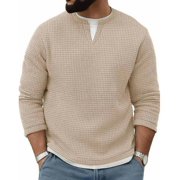 GuangCheng Mens Waffle Knit Thermal Tops,Long Sleeve,Casual,Classic Fit,Warm,Soft,Daily Wear Henley Shirts,Khaki,Size L