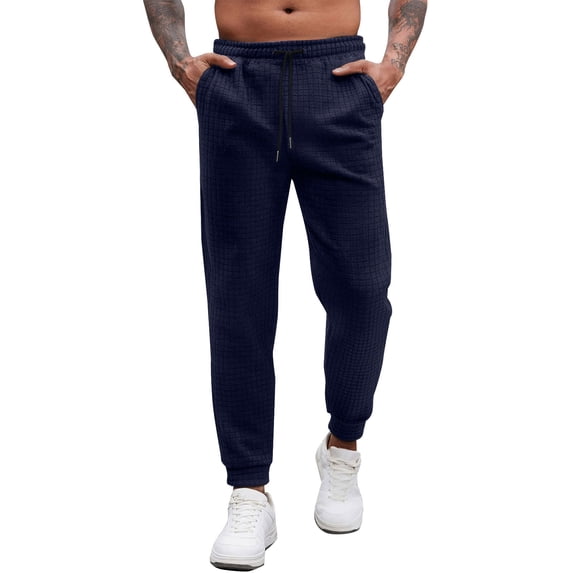 GuangCheng Mens Waffle Sweatpants,Elastic Drawstring Waist,Joggers,Lounge,Comfy,Casual Pants,Navy,Size M