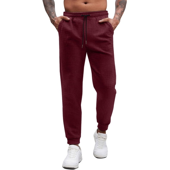 GuangCheng Mens Waffle Sweatpants,Elastic Drawstring Waist,Joggers,Lounge,Comfy,Casual Pants,Wine,Size L
