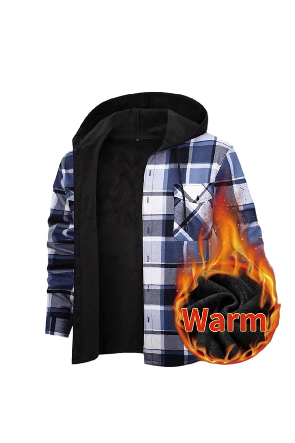 Mens Warm Plaid Hooded Flannel Shirts,Fleece Lined,Winter Jacket,Casual,Outerwear with Pockets,Blue,L