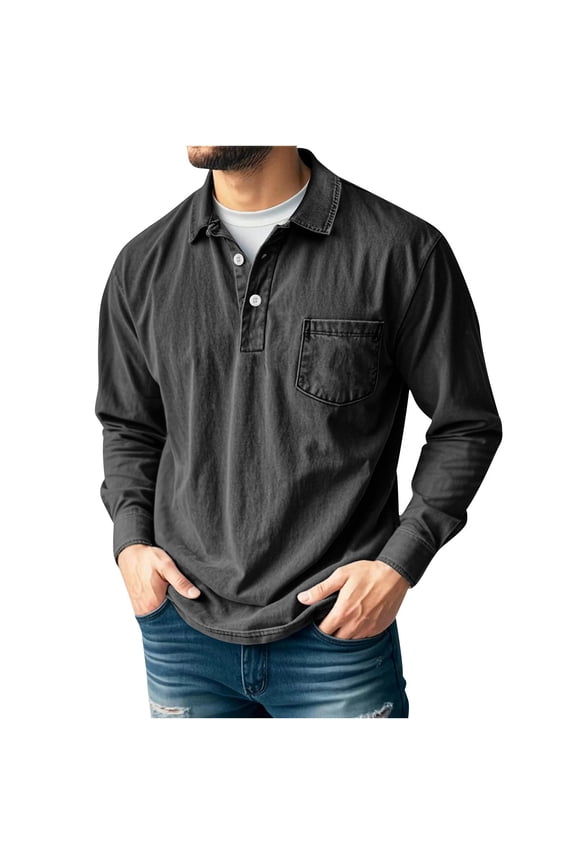Mens Washed Shirts,Long Sleeve,Casual Tops with Pocket,Soft,Comfort Baggy Fit,Lapel Collared Tees,Black,Size M
