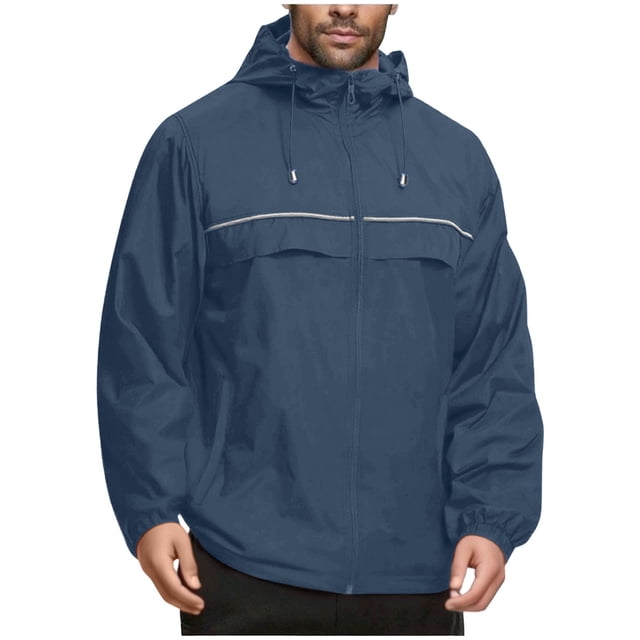 GuangCheng Mens Water Resistant Windbreaker Jackets,Hooded,Casual Outerwear Coats with Reflective Stripes,Light Blue,L