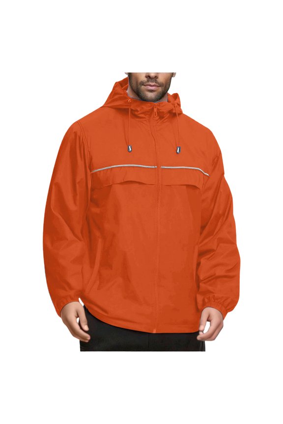 Mens Water Resistant Windbreaker Jackets,Hooded,Casual Outerwear Coats with Reflective Stripes,Orange,S