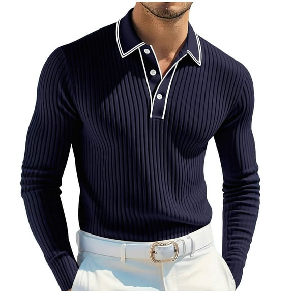 GuangCheng George Ribbed Knit,Long Sleeve Shirts for Men,Slim Fit,Soft,Stretchy,Texture,Elastic,Pullover Tops Tees,Navy,Size L