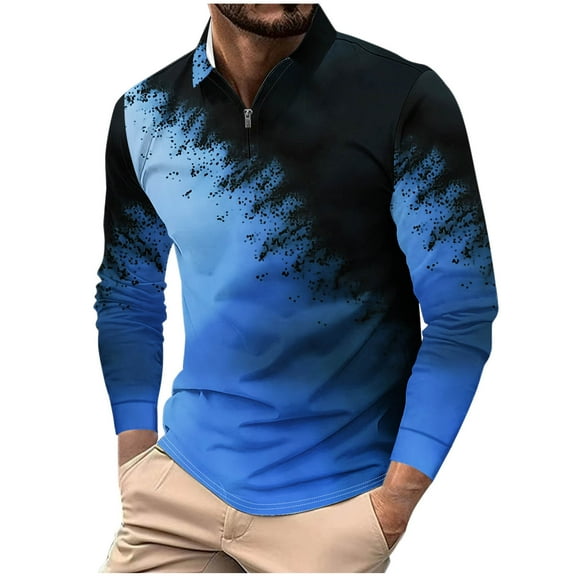 GuangCheng George Shirts for Men,Print,Long Sleeve,Zip Up,Casual,Fashion,Graphic Slim Fit Tops,Dark Blue,Size 2XL