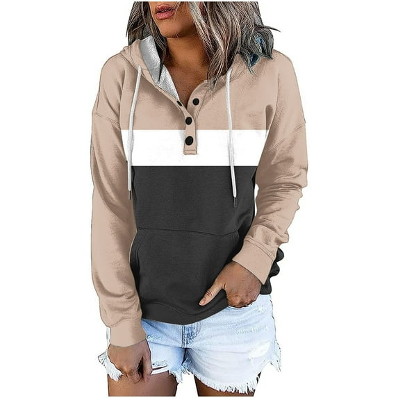 GuangCheng Hoodie for Women Color Block Drawstring Button Down Tops Casual Long Sleeve Oversize Pullover Sweatshirts
