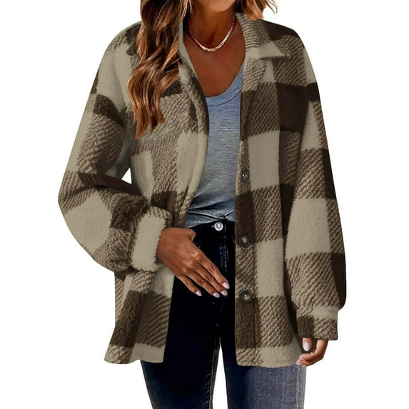 GuangCheng Jackets for Women Casual Winter Lapel Pocket Long Sleeve Plush Plaid Button Warm Jacket
