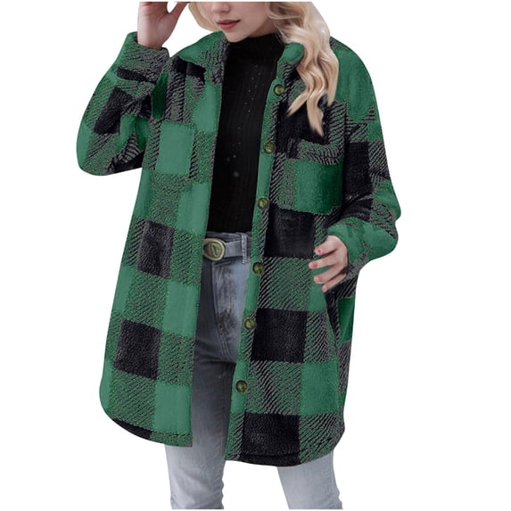 GuangCheng Jackets for Women Casual Winter Lapel Pocket Long Sleeve Plush Plaid Button Warm Jacket