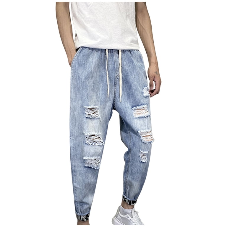 GuangCheng Jeans for Men Stretch Drawstring Baggy Denim Pants
