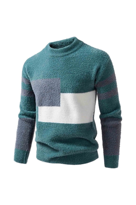 Kintted Sweaters for Men Slim Fit Patchwork Color Block Pullover Mock Neck Long Sleeve Warm Tops