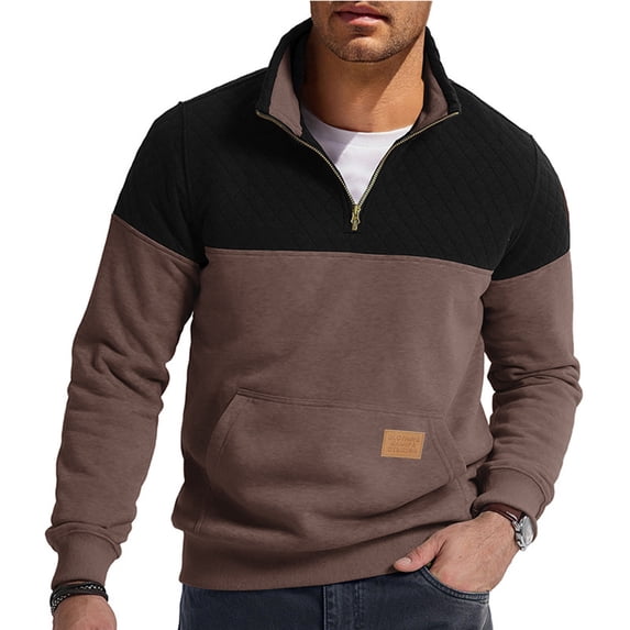 GuangCheng Men's Quarter Zip Pullover Sweatshirts Quilted Color Block Pullover Long Sleeve Stand Collar Tops