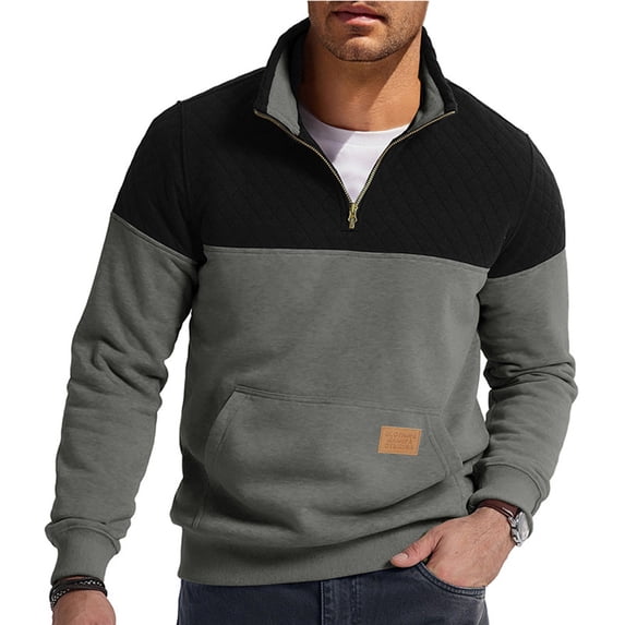 GuangCheng Men's Quarter Zip Pullover Sweatshirts Quilted Color Block Pullover Long Sleeve Stand Collar Tops