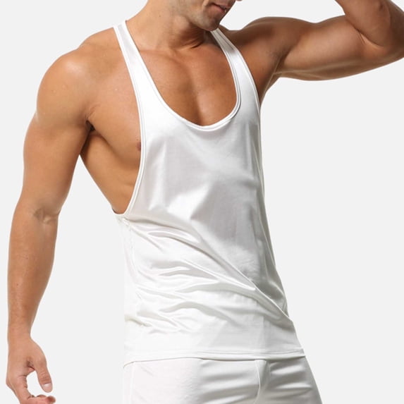 GuangCheng Men's Tank Tops Quick Dry Y-Back Workout Muscle Tee Athletic Workout Fitness Stringer Vest T-Shirts for Gym,White,Size L