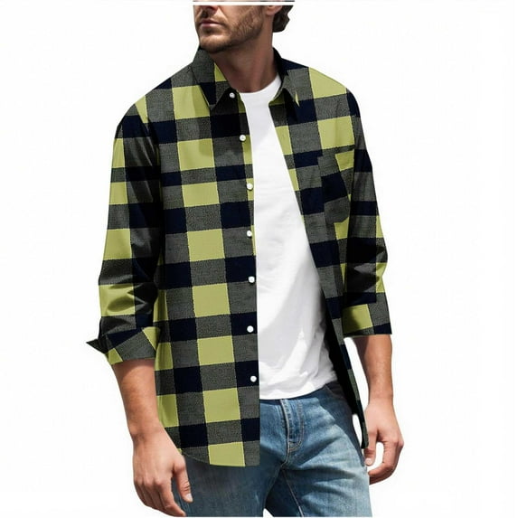 GuangCheng Mens Button Down Shrits Plaid Long Sleeve Regular Fit Casual Blouses with Pockets,Black,S-3XL