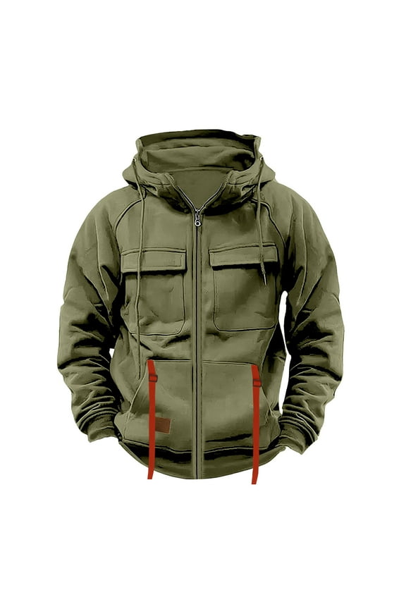 Mens Cargo Jackets Full Zippered Hooded Drawstring Sweatshirts Thick Warm Coats