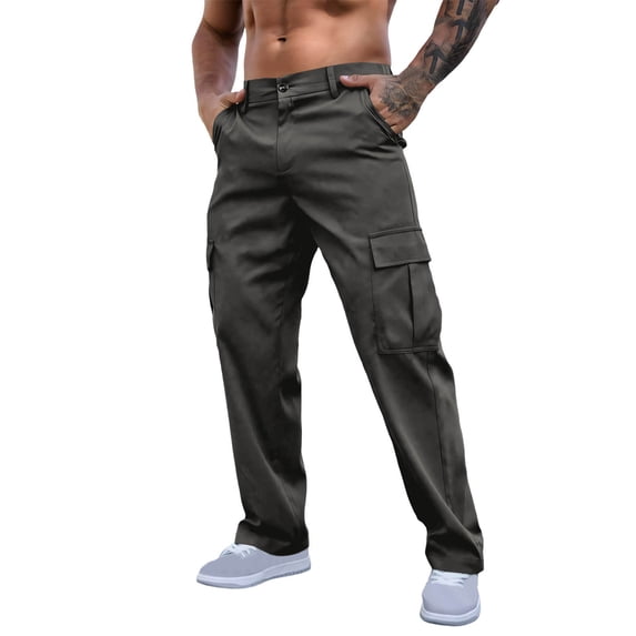GuangCheng Mens Cargo Pants Button High Waist Baggy Streetwear Trousers with Multi Pockets