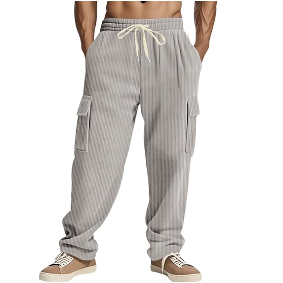 GuangCheng Mens Cargo Pants Corduroy Baggy Textured Drawstring Sweatpants Multifunctional Joggers with 4 Pockets