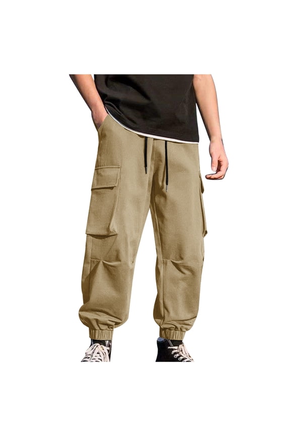 Mens Cargo Pants Drawstring Elastic Waist Casual Baggy Cuffed Pants with Multi Pockets