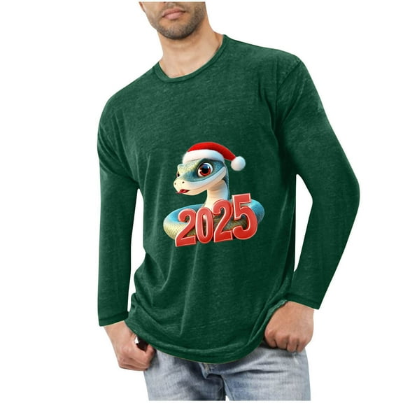 GuangCheng Mens Christmas Shirts Round Neck,Long Sleeve Tops,Printed,Pullover,Baggy,Bottom,Tees,Comfy Loose Piece,Army Green,Size M