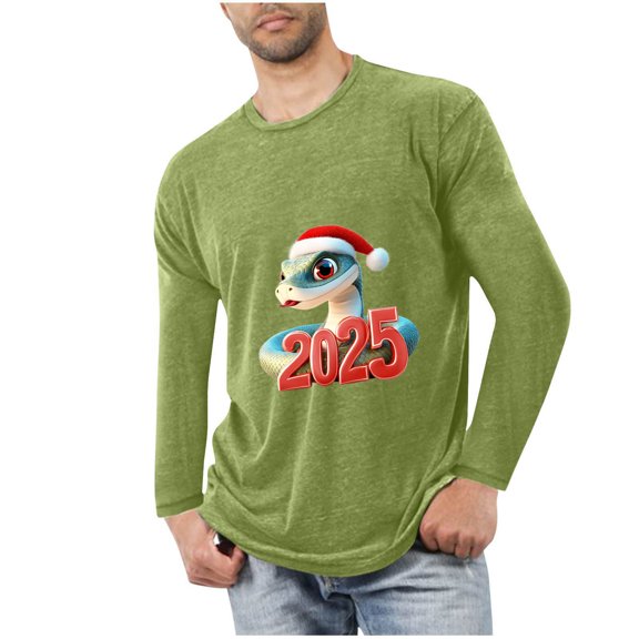 GuangCheng Mens Christmas Shirts Round Neck,Long Sleeve Tops,Printed,Pullover,Baggy,Bottom,Tees,Comfy Loose Piece,Green,Size M