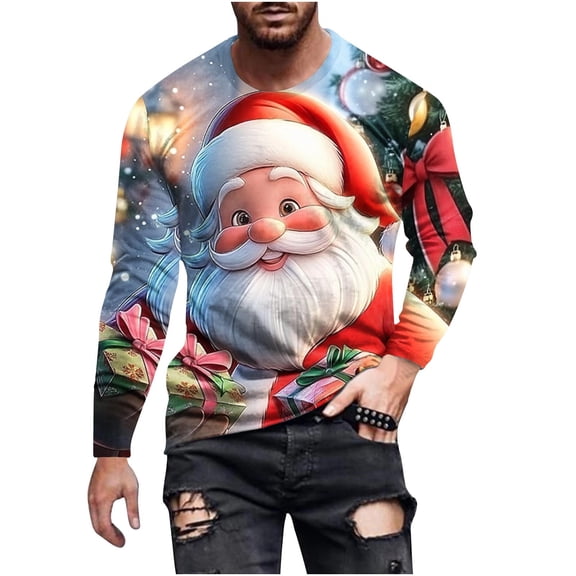 GuangCheng Mens Christmas Tees Baggy,Crew Neck,Printed,Long Sleeve Tops,Pullover,Bottom,Tees,Comfy Loose Piece,Light Blue,Size 3XL