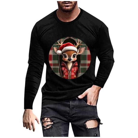 GuangCheng Mens Christmas Tops Long Sleeve Tops,Crew Neck,Printed,Pullover,Baggy,Bottom,Tees,Comfy Loose Piece,Black,Size S