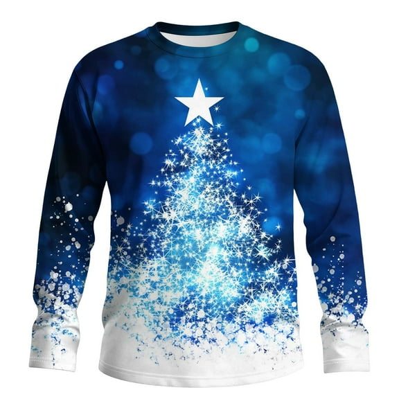 GuangCheng Mens Christmas Tops Long Sleeve Tops,Crew Neck,Printed,Pullover,Baggy,Bottom,Tees,Comfy Loose Piece,Blue,Size 4XL