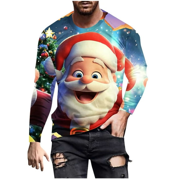 GuangCheng Mens Christmas Tops Long Sleeve Tops,Crew Neck,Printed,Pullover,Baggy,Bottom,Tees,Comfy Loose Piece,Light Blue,Size 4XL