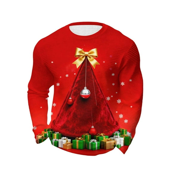 GuangCheng Mens Christmas Tops Long Sleeve Tops,Crew Neck,Printed,Pullover,Baggy,Bottom,Tees,Comfy Loose Piece,Red,Size 2XL