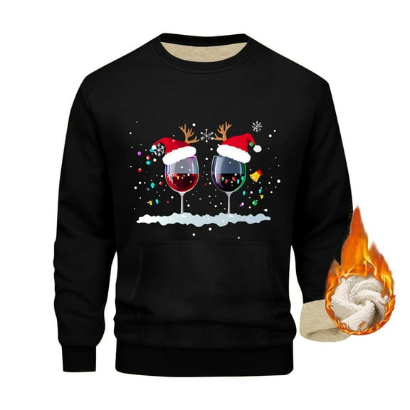 GuangCheng Mens Christmas Wine Glass Print Fleece Sweatshirts Regular Fit Warm Comfortable Holiday Casual Tops,Black,Size L