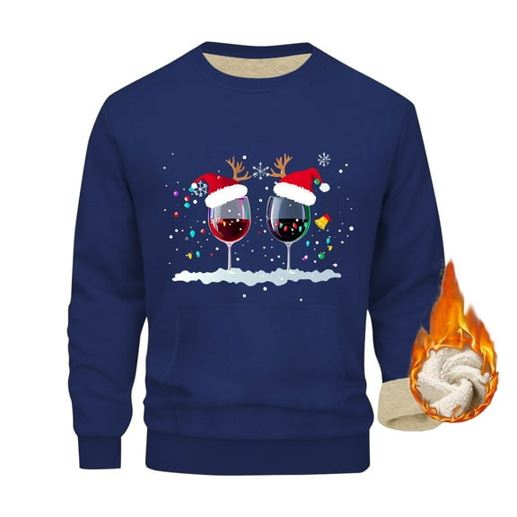 GuangCheng Mens Christmas Wine Glass Print Fleece Sweatshirts Regular Fit Warm Comfortable Holiday Casual Tops,Blue,Size 2XL