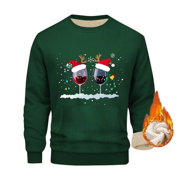 GuangCheng Mens Christmas Wine Glass Print Fleece Sweatshirts Regular Fit Warm Comfortable Holiday Casual Tops,Green,Size L