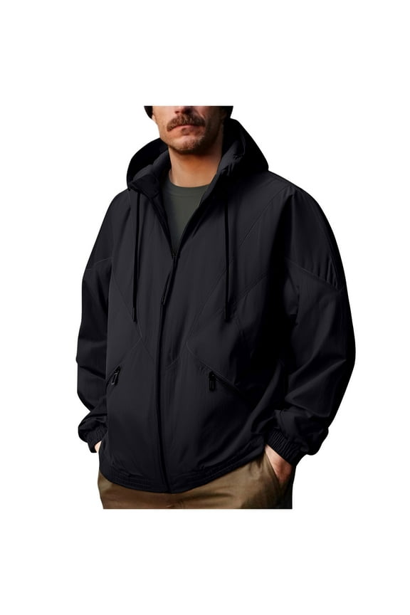 Mens Coats Windbreaker Hooded Drawstring Zip Up Lightweight Jackets with 2 Zippered