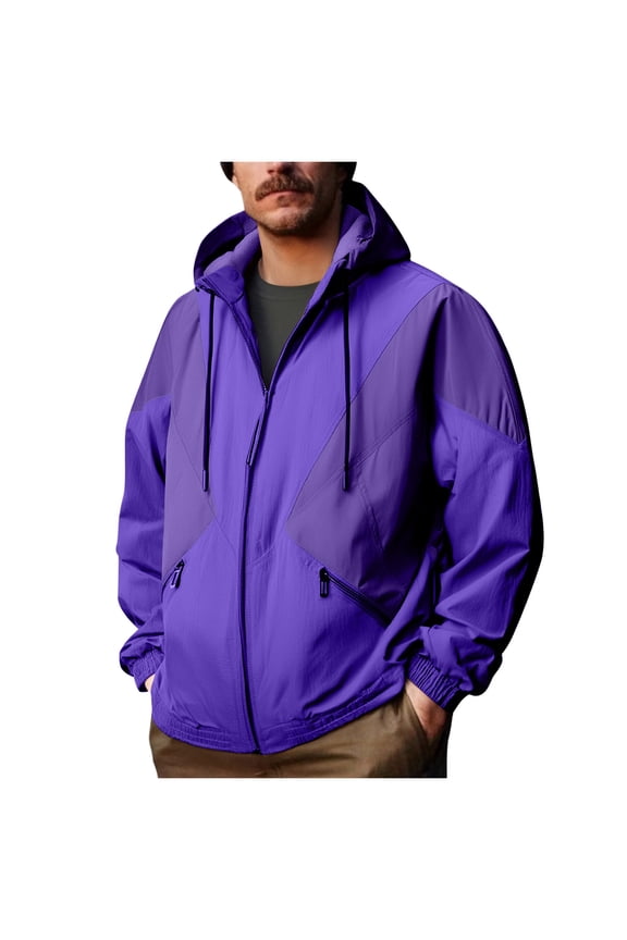 Mens Coats Windbreaker Hooded Drawstring Zip Up Lightweight Jackets with 2 Zippered