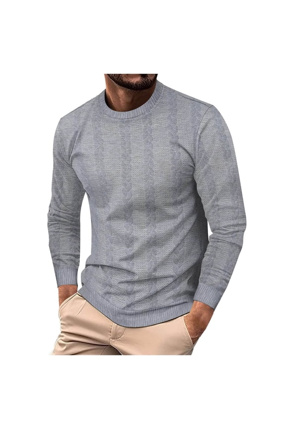 Mens Crewneck Pullover Shirts Ribbing Edge Chunky Cable Knit Classic Casual Warm Buttom Tops