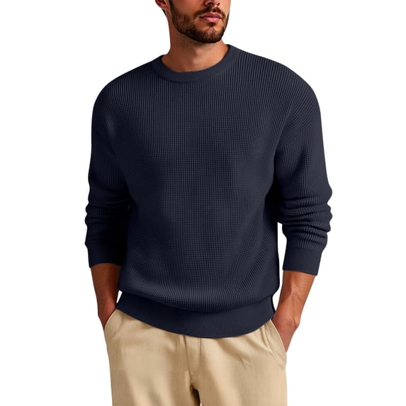 GuangCheng Mens Crewneck Pullover Sweater Waffle Textured Long Sleeve Casual Knit Sweater Tops