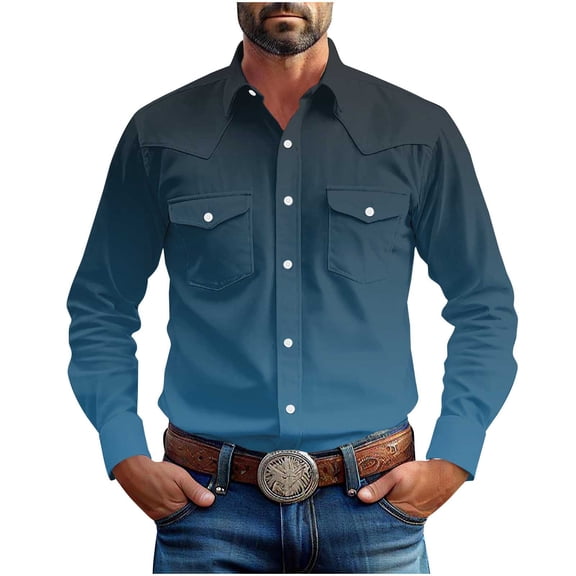 GuangCheng Mens Dress Shirts Gradient Button Down Lapel Collar Long Sleeve Formal Suit Blouses with 2 Pockets