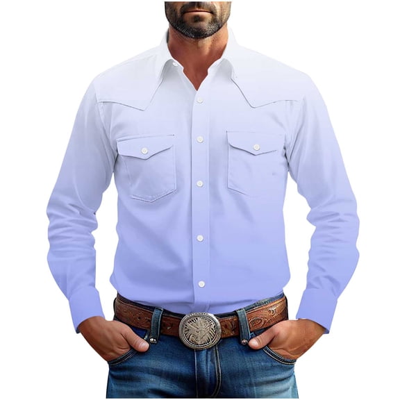 GuangCheng Mens Dress Shirts Gradient Button Down Lapel Collar Long Sleeve Formal Suit Blouses with 2 Pockets