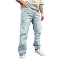 thumbnail image 1 of GuangCheng Mens Faux Denim Jeans Slim Fit Ripped Distressed Destroyed Straight Leg Trousers Denim Pants, 1 of 8