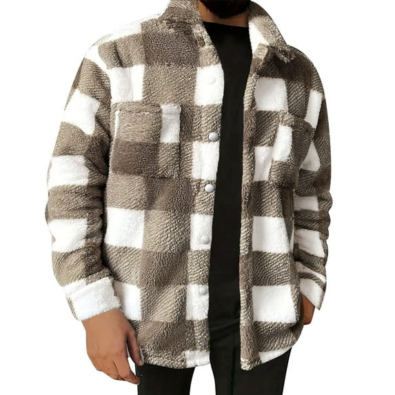 GuangCheng Mens Fleece Fuzzy Shirts Plaid Button Down Blouses Sherpa Jackets Long Sleeve Thick Stand Collar Coats with Zipper Pockets