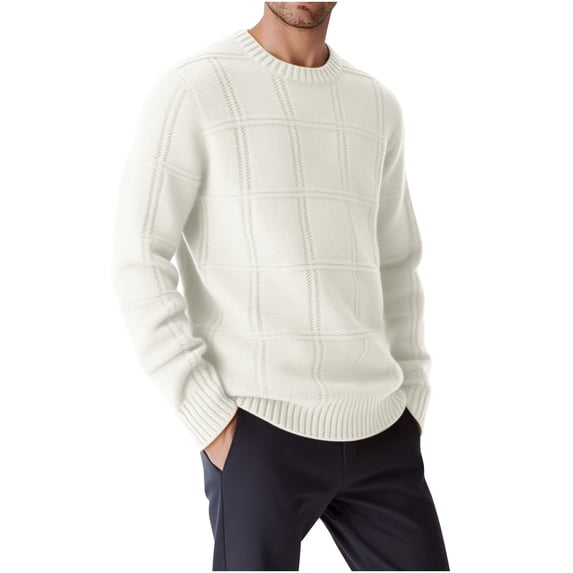GuangCheng Mens Fuzzy Fleece Sweaters, Plaid Stripes Cable Kintted Pullover Crew Neck Long Sleeve Warm Sweatshirts