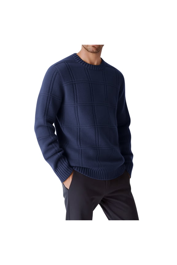 Mens Fuzzy Fleece Sweaters, Plaid Stripes Cable Kintted Pullover Crew Neck Long Sleeve Warm Sweatshirts