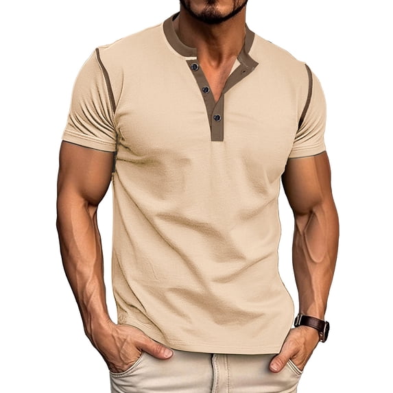 GuangCheng Mens Henley Shirts Short Sleeve Pullover Cotton Muscle Fitted Patchwork T-Shirts with Buttons Size 2XL