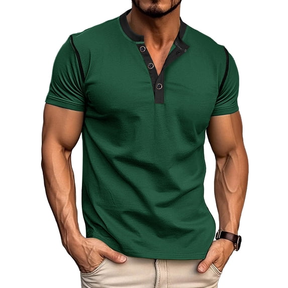 GuangCheng Mens Henley Shirts Short Sleeve Pullover Cotton Muscle Fitted Patchwork T-Shirts with Buttons Size M