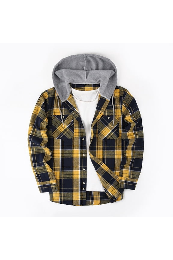 Mens Hoodie Jackets Plaid Casual Button Down Drawstring Long Sleeve Stylish Coats with Pockets
