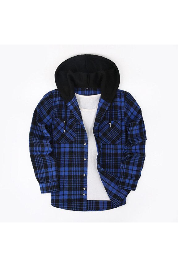 Mens Hoodie Jackets Plaid Casual Button Down Drawstring Long Sleeve Stylish Coats with Pockets