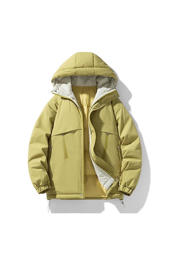 Mens Jacket Waterproof Ski Windproof Zippered Hooded Button Stand Collar Winter Thick Fleece Warm Coats