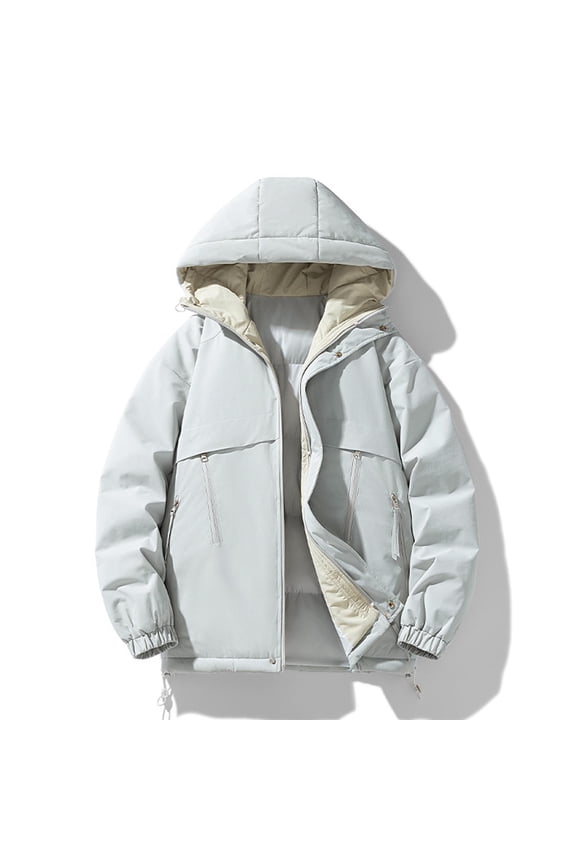 Mens Jacket Waterproof Ski Windproof Zippered Hooded Button Stand Collar Winter Thick Fleece Warm Coats