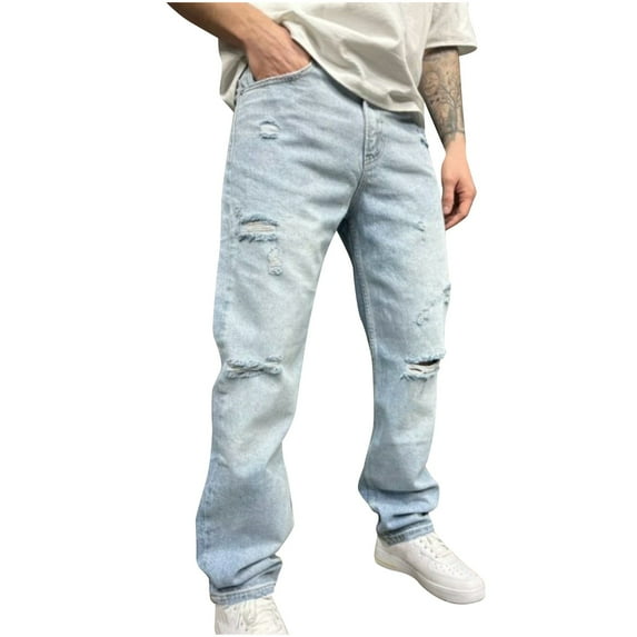 GuangCheng Mens Jeans Slim Fit Vintage Light Wash Denim Straight Leg Pants with Pockets
